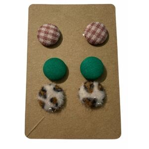 Fabric Covered Button Earring‎ Stud Set Green Brown